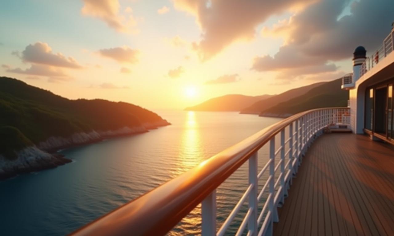 Blick vom Schiffsdeck auf eine malerische Küste bei Sonnenuntergang